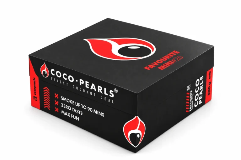 Cocopearls Favourite Mini 26 mm 500 g Nargile Kömürü – kapalı ambalajın kapak, ön ve yan yüzleri