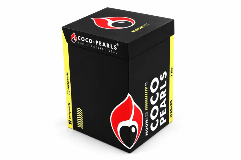 Cocopearls Moon 25 Yarım Ay 1 kg Nargile Kömürü – kapalı ambalajın kapak, ön ve yan yüzleri