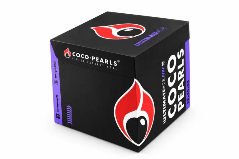 Cocopearls Ultimate 28 mm 1 kg Nargile Kömürü – kapalı ambalajın kapak, ön ve yan yüzleri