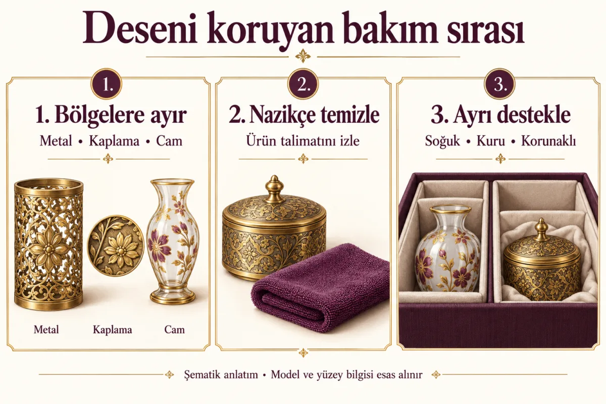 İşlemeli metal, kaplama ve camın ayrılması, nazik bakım ve ayrı desteklenerek saklanmasını gösteren şema.