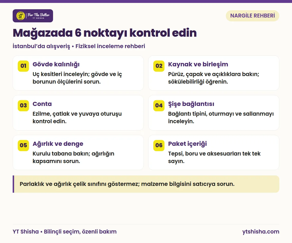 İstanbul’da çelik nargile alışverişinde gövde, birleşim, conta, şişe, denge ve paket kontrolü.